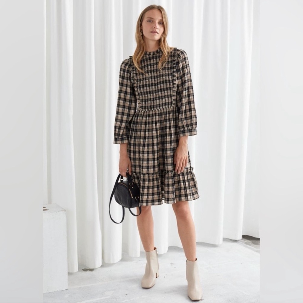 & Other Stories Plaid Checked Puff Volume Sleeve Smocked Ruffle Dress Size 2